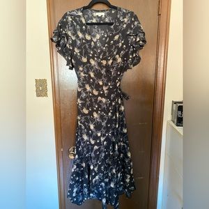 Max Studio Black and Creme Floral Wrap Dress